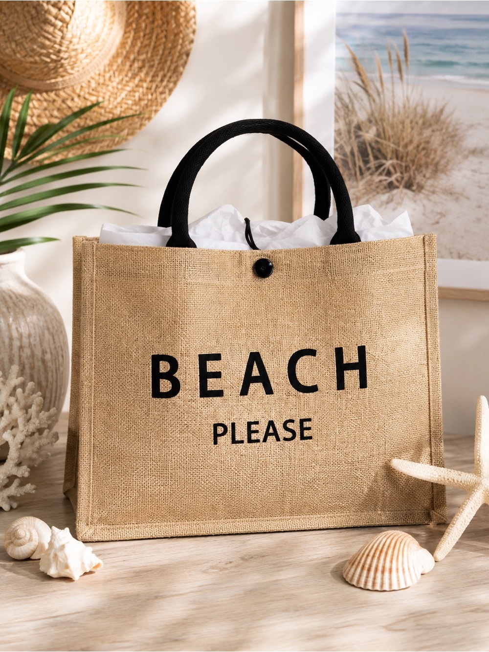 BEIGE BURLAP “BEACH PLEASE” TOTE BAG 🏖️☀️